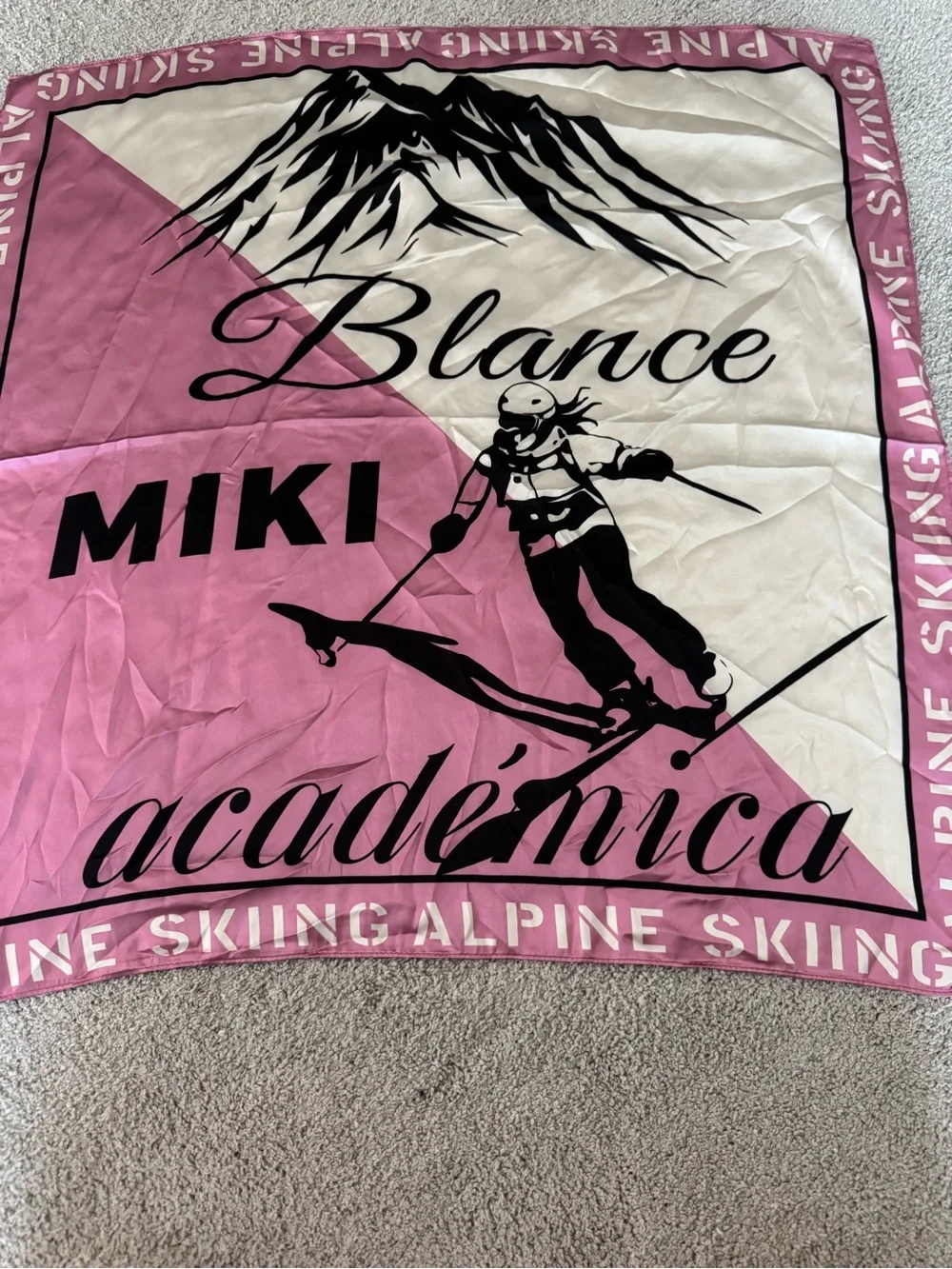 Vintage Miki Blance Academica Pink & Cream Ski-Themed Square Scarf